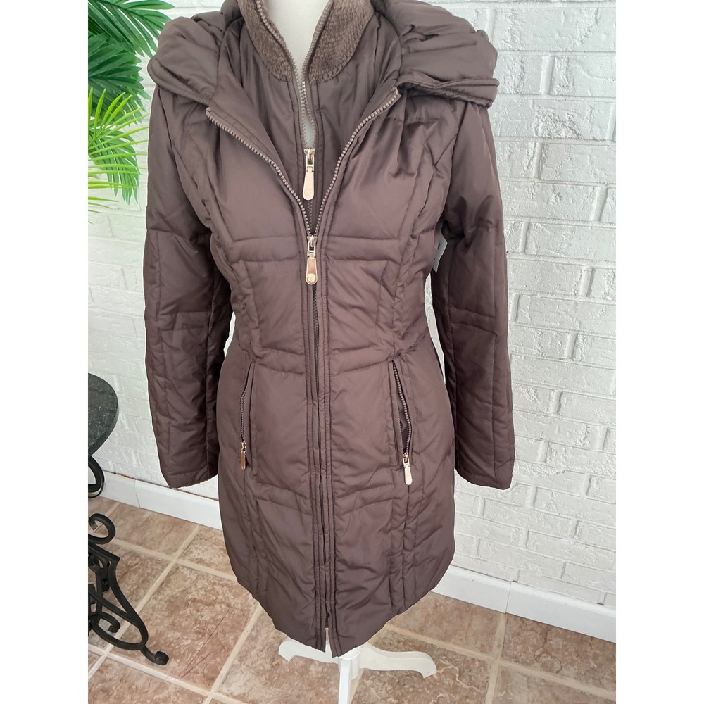 Vince Camuto Puffer Coat Women Small Brown Excellent Down Blend Quilted Parka
